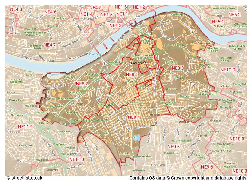 map showing postcode sectors within the NE8 district