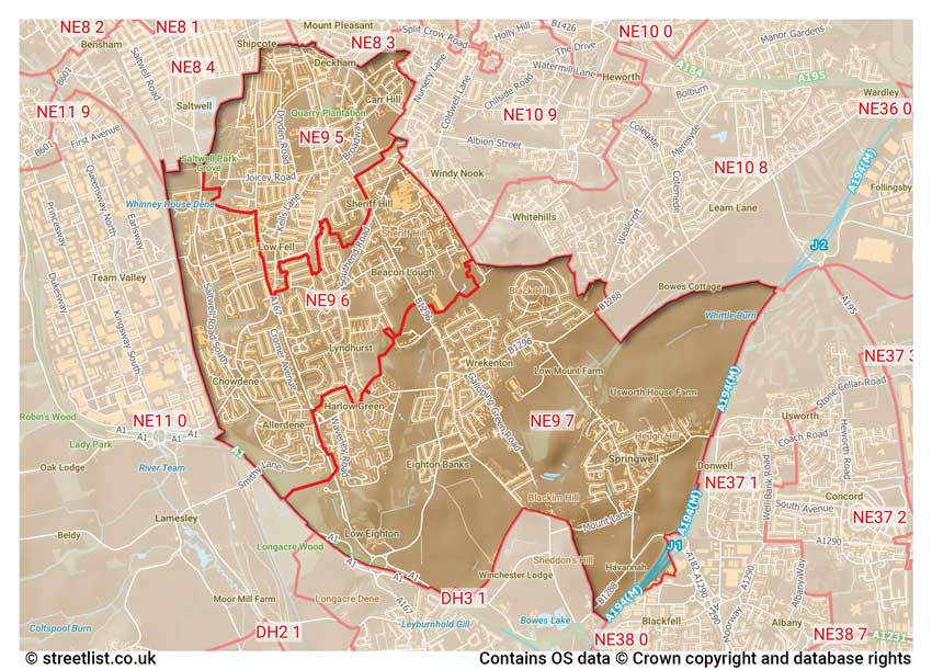 map showing postcode sectors within the NE9 district