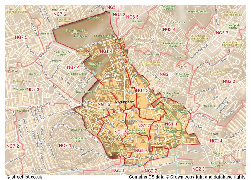 map showing postcode sectors within the NG1 district