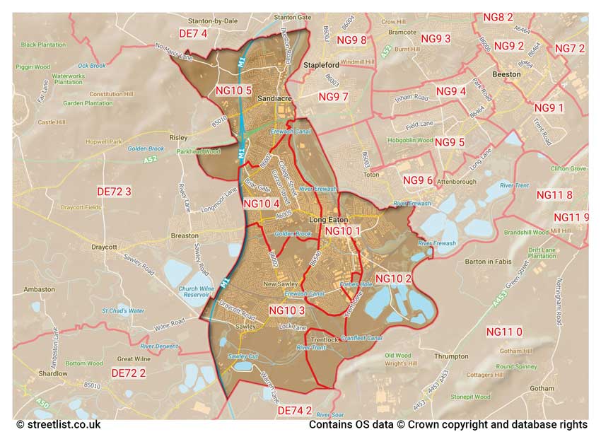 map showing postcode sectors within the NG10 district