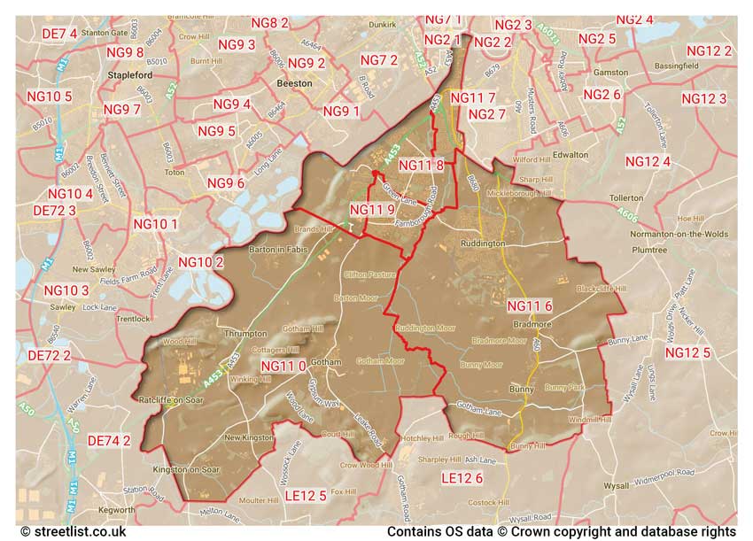 map showing postcode sectors within the NG11 district