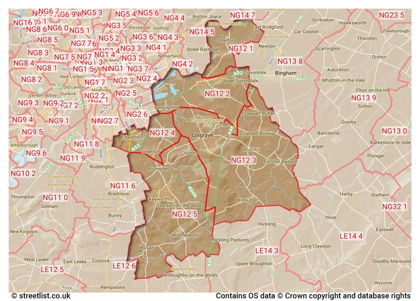 map showing postcode sectors within the NG12 district