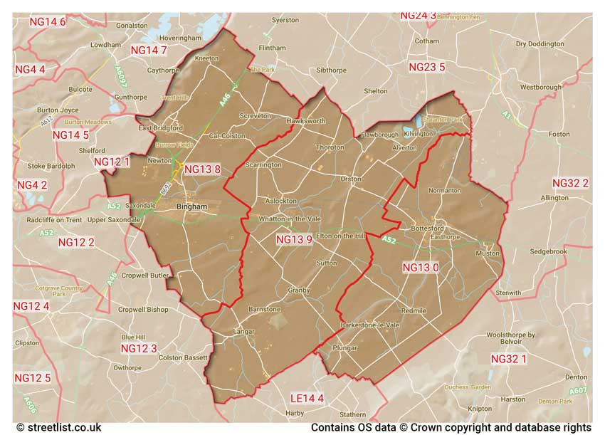 map showing postcode sectors within the NG13 district