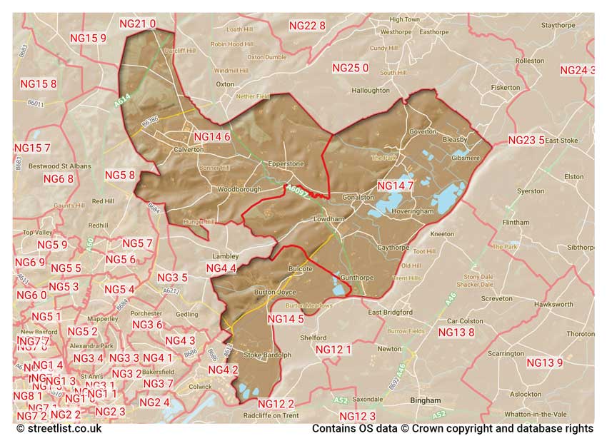 map showing postcode sectors within the NG14 district