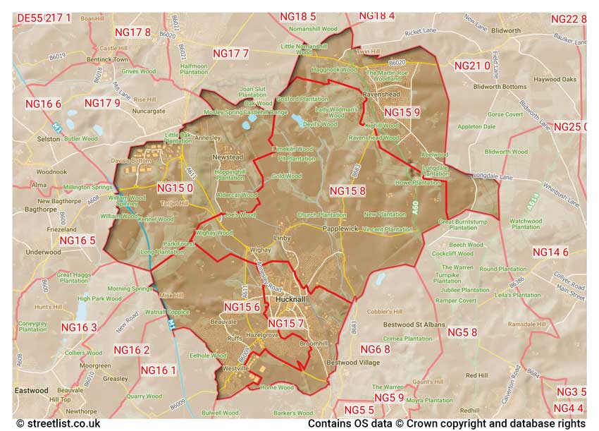 map showing postcode sectors within the NG15 district