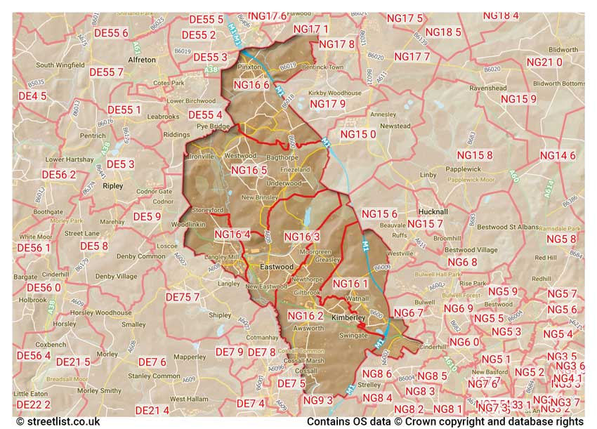 map showing postcode sectors within the NG16 district