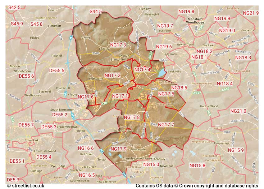 map showing postcode sectors within the NG17 district