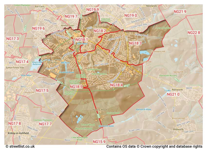 map showing postcode sectors within the NG18 district