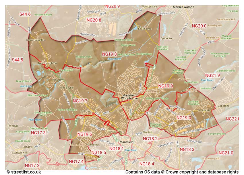 map showing postcode sectors within the NG19 district