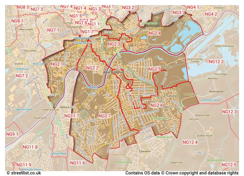 map showing postcode sectors within the NG2 district