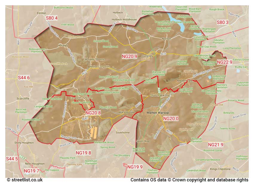 map showing postcode sectors within the NG20 district