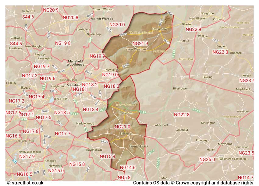 map showing postcode sectors within the NG21 district