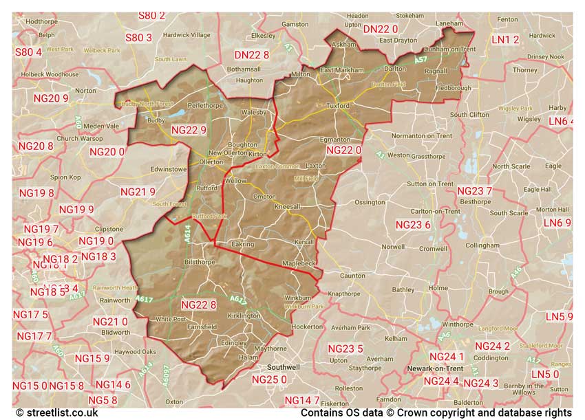 map showing postcode sectors within the NG22 district