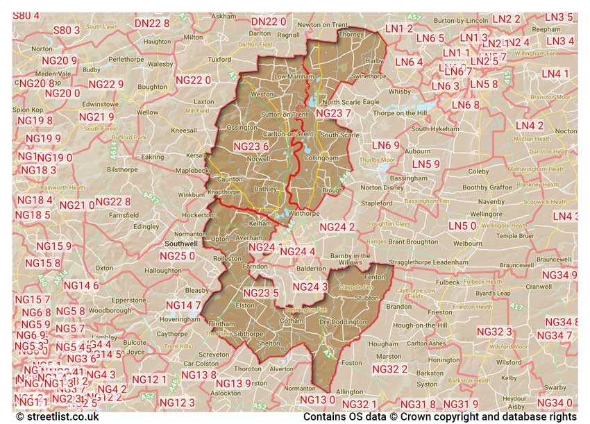 map showing postcode sectors within the NG23 district