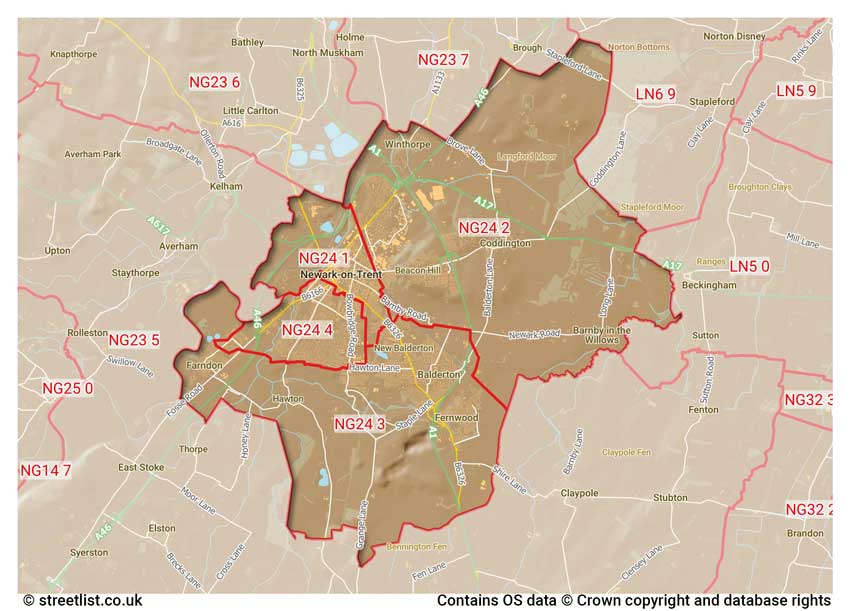 map showing postcode sectors within the NG24 district