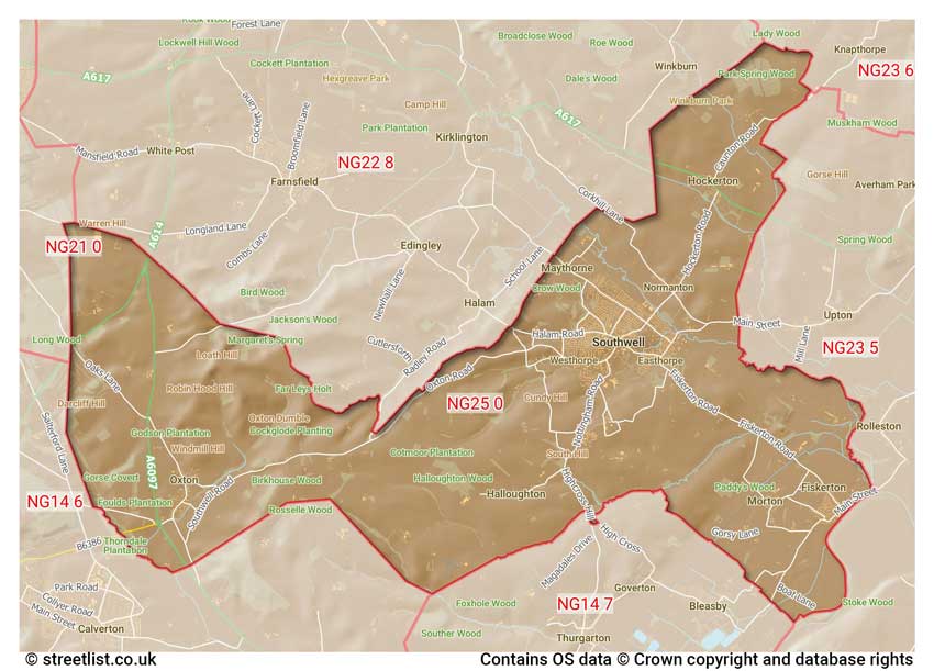 map showing postcode sectors within the NG25 district