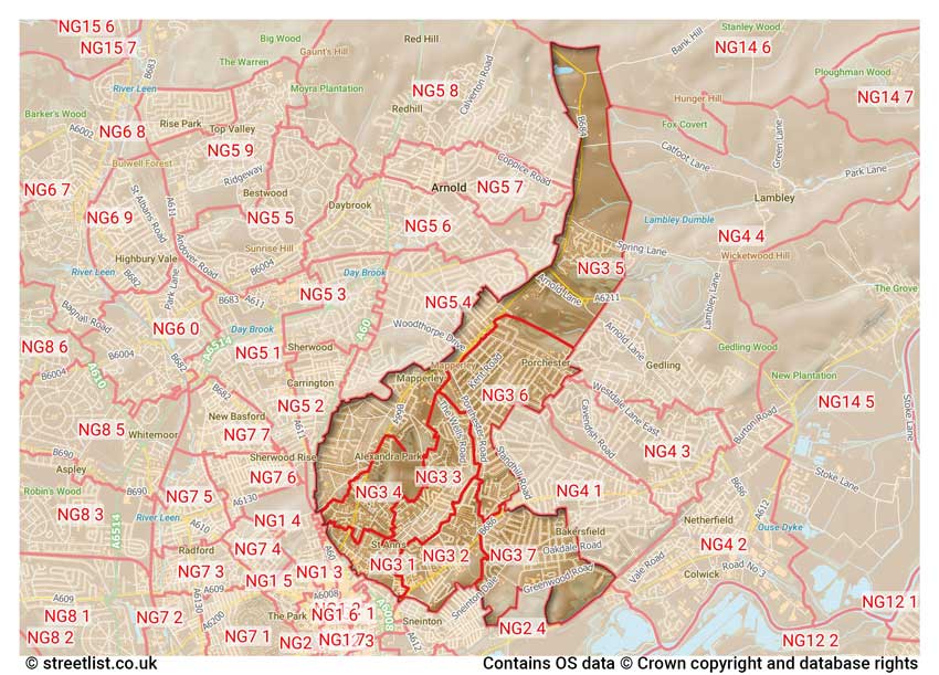 map showing postcode sectors within the NG3 district