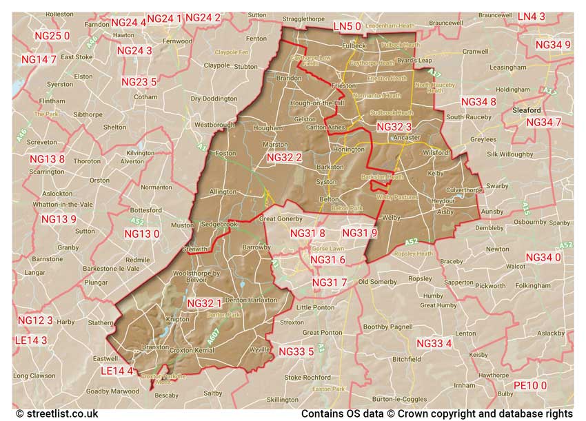 map showing postcode sectors within the NG32 district