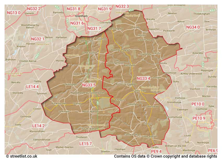 map showing postcode sectors within the NG33 district