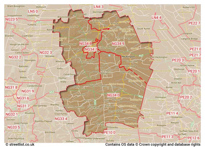 map showing postcode sectors within the NG34 district