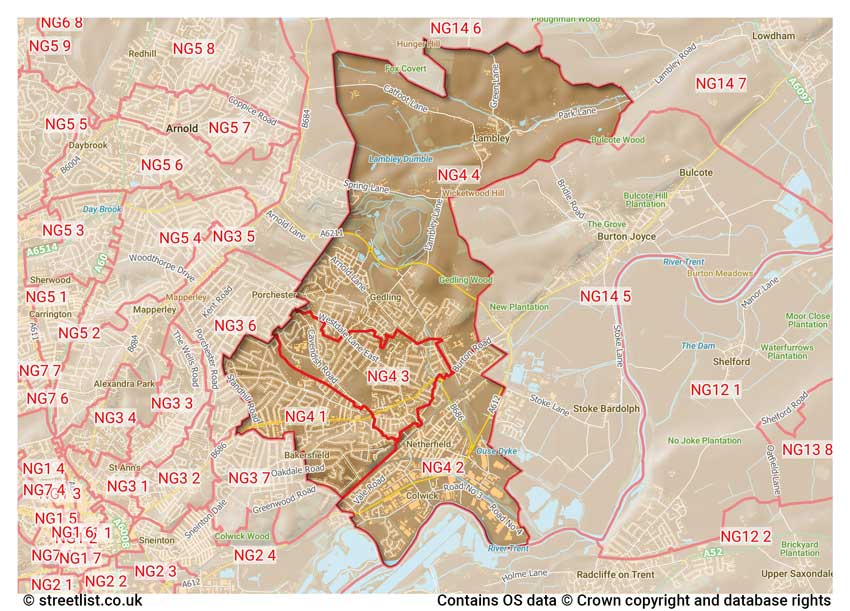 map showing postcode sectors within the NG4 district