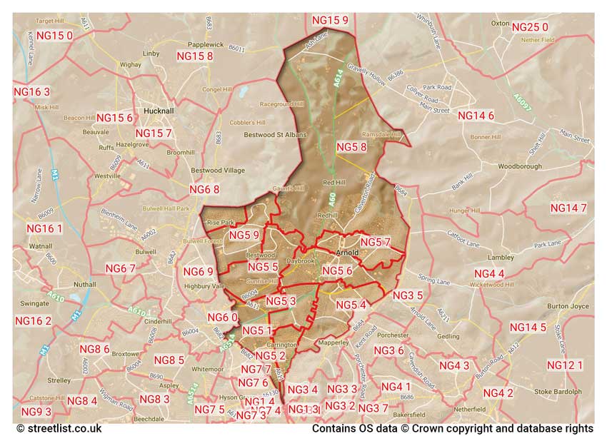 map showing postcode sectors within the NG5 district