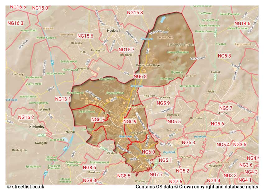 map showing postcode sectors within the NG6 district