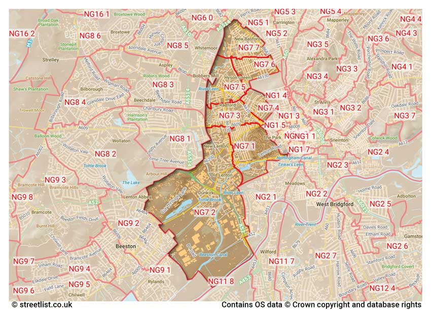 map showing postcode sectors within the NG7 district