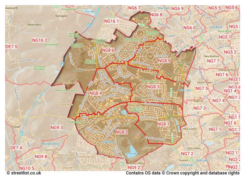 map showing postcode sectors within the NG8 district