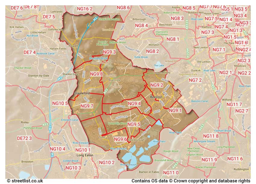 map showing postcode sectors within the NG9 district