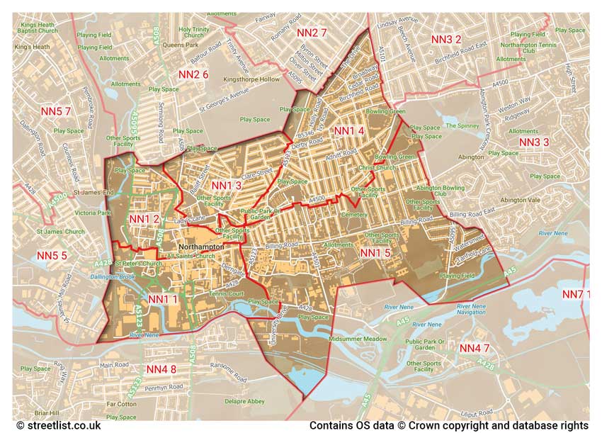 map showing postcode sectors within the NN1 district