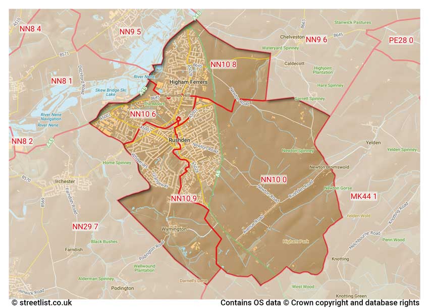 map showing postcode sectors within the NN10 district