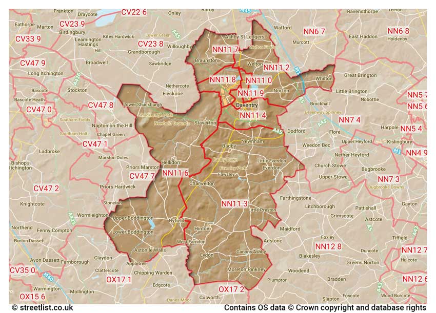 map showing postcode sectors within the NN11 district