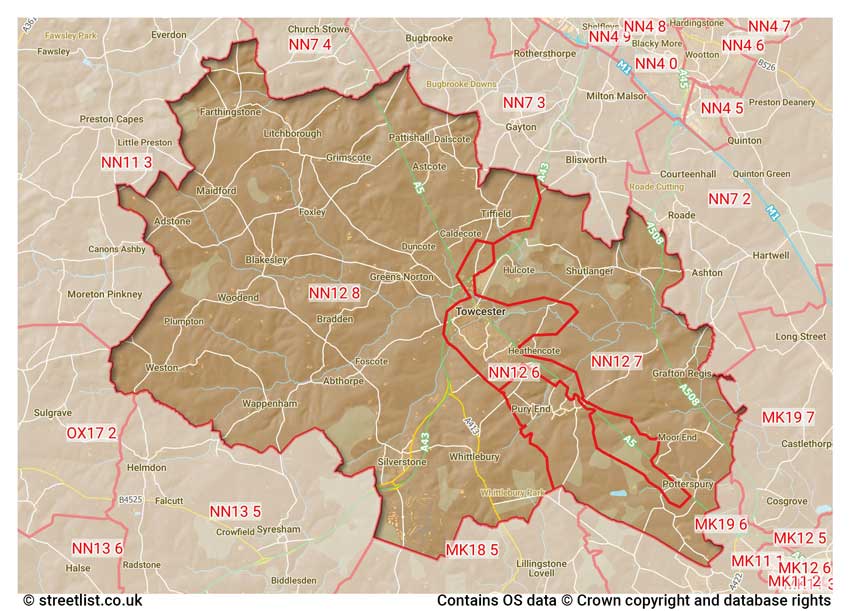 map showing postcode sectors within the NN12 district