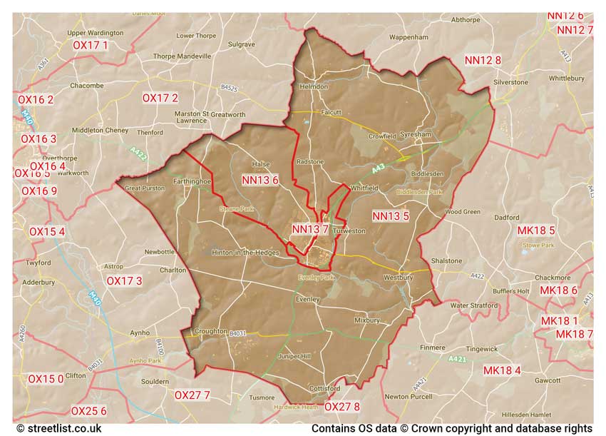 map showing postcode sectors within the NN13 district