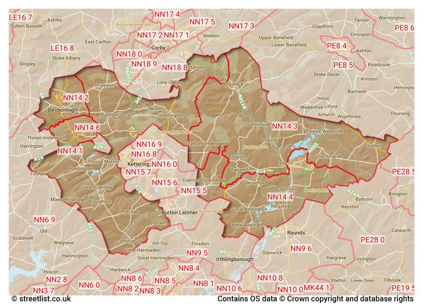 map showing postcode sectors within the NN14 district