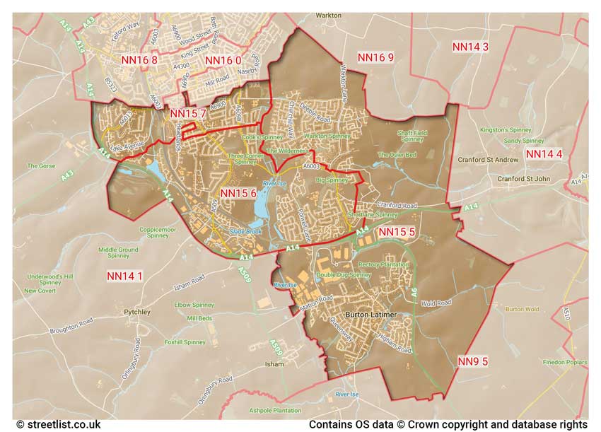 map showing postcode sectors within the NN15 district