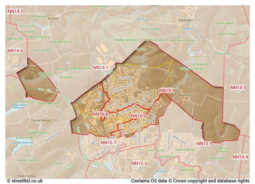 map showing postcode sectors within the NN16 district