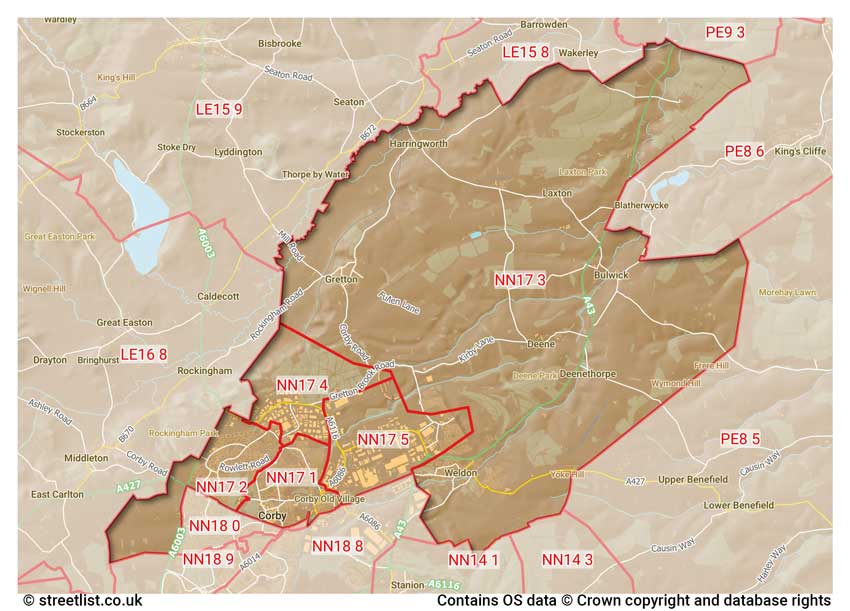 map showing postcode sectors within the NN17 district