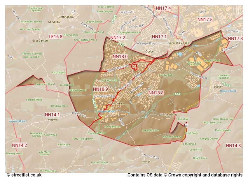 map showing postcode sectors within the NN18 district