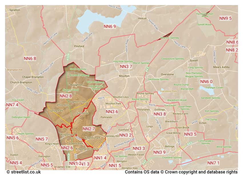 map showing postcode sectors within the NN2 district