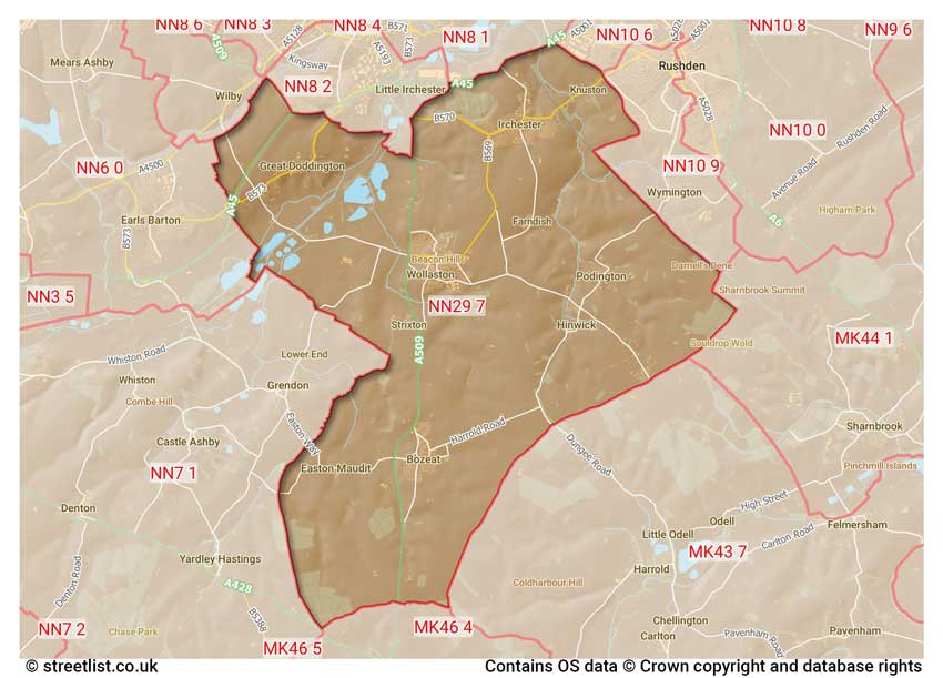 map showing postcode sectors within the NN29 district