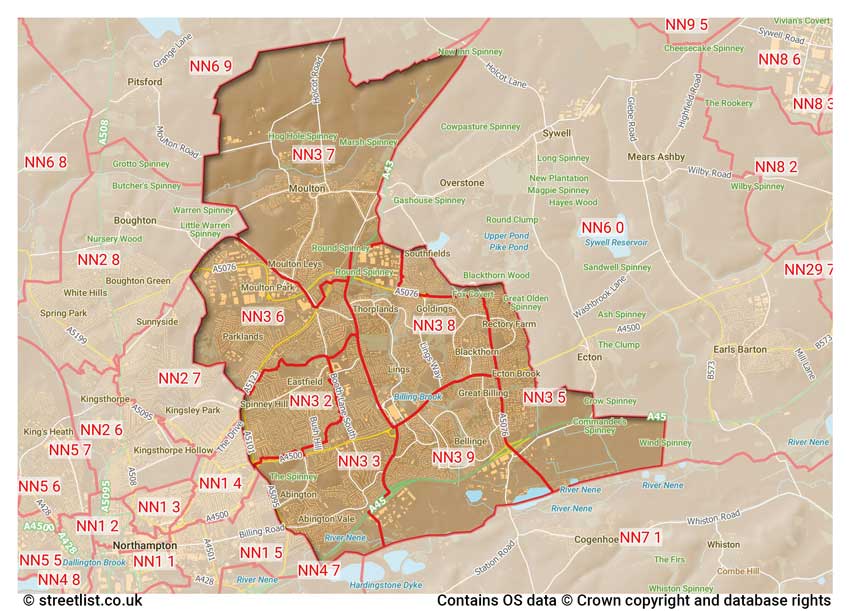 map showing postcode sectors within the NN3 district