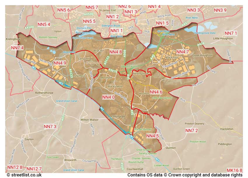 map showing postcode sectors within the NN4 district