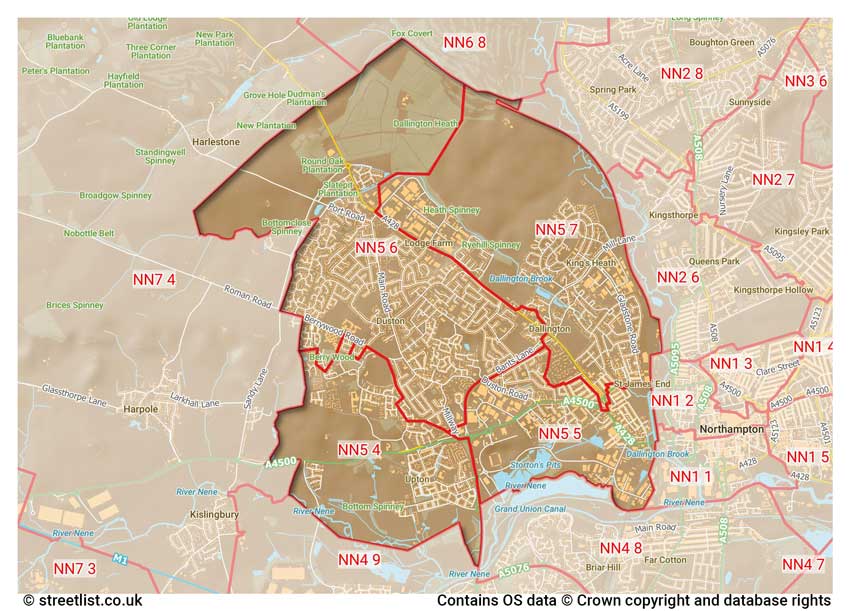 map showing postcode sectors within the NN5 district