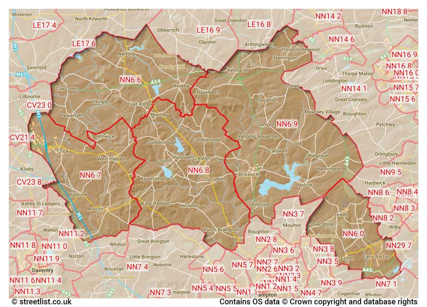 map showing postcode sectors within the NN6 district