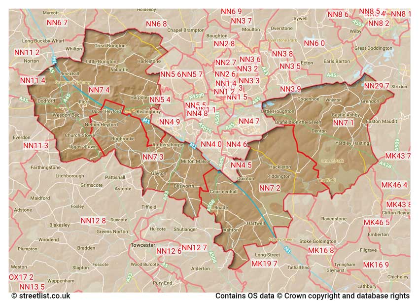 map showing postcode sectors within the NN7 district