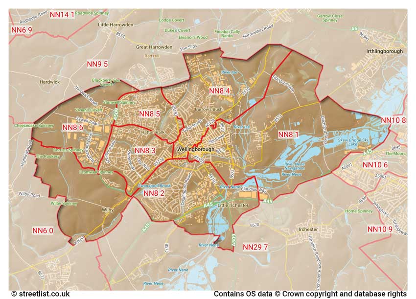 map showing postcode sectors within the NN8 district