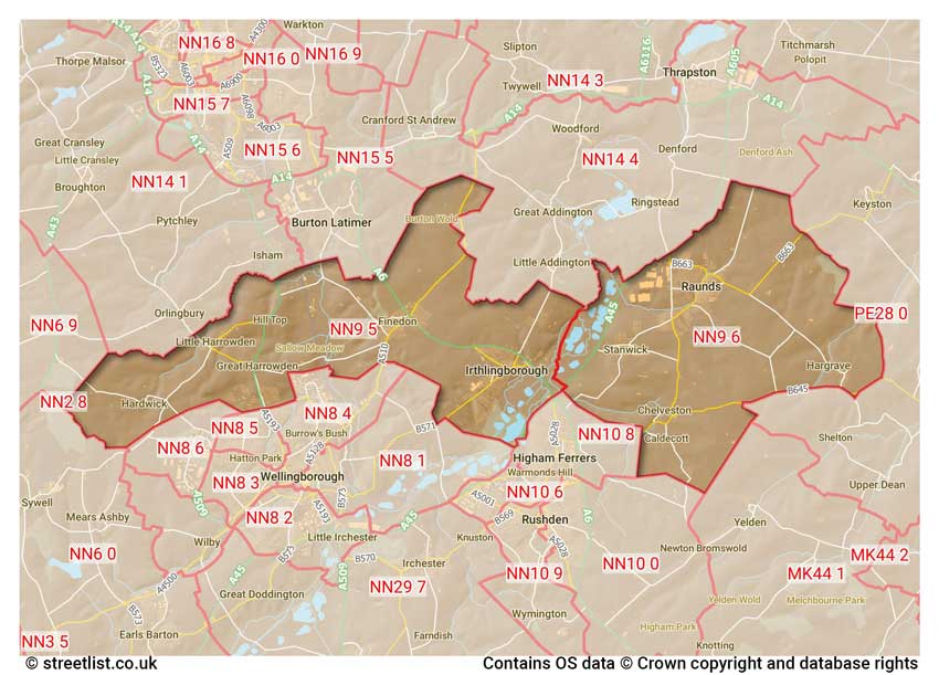 map showing postcode sectors within the NN9 district