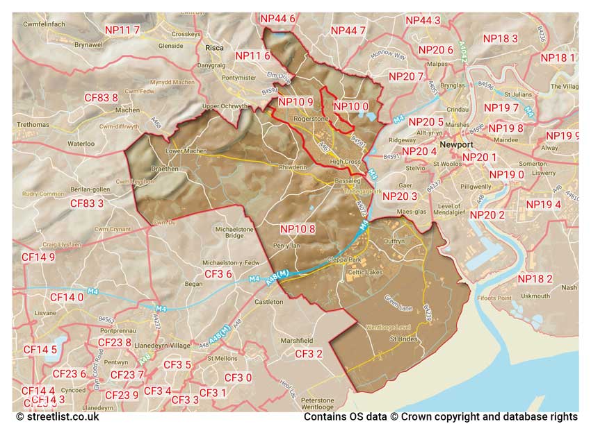 map showing postcode sectors within the NP10 district